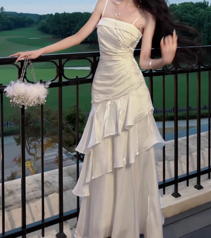Robe de bal longue style sirène beige à bretelles spaghetti, robe de soirée formelle J4798