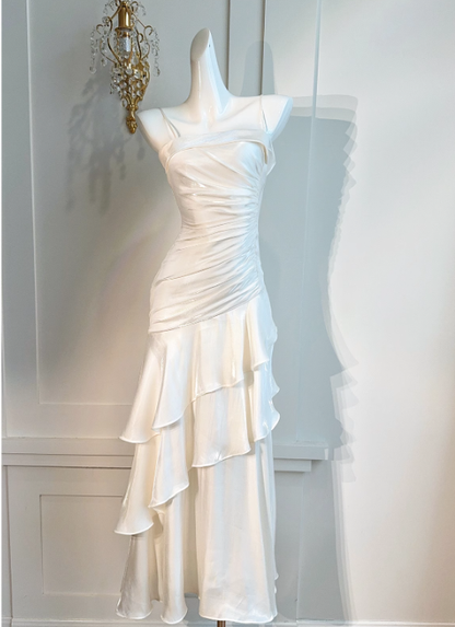 Robe de bal longue style sirène beige à bretelles spaghetti, robe de soirée formelle J4798