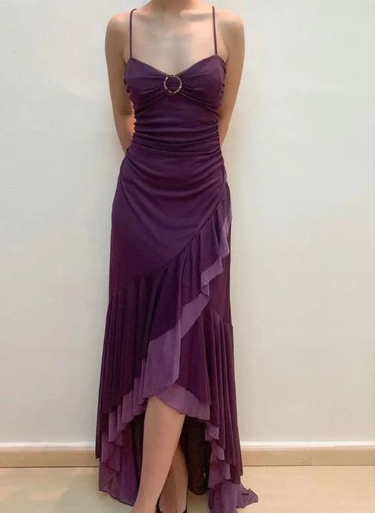 A Line Purple Long Prom Dress Ruffle Evening Gown J4299