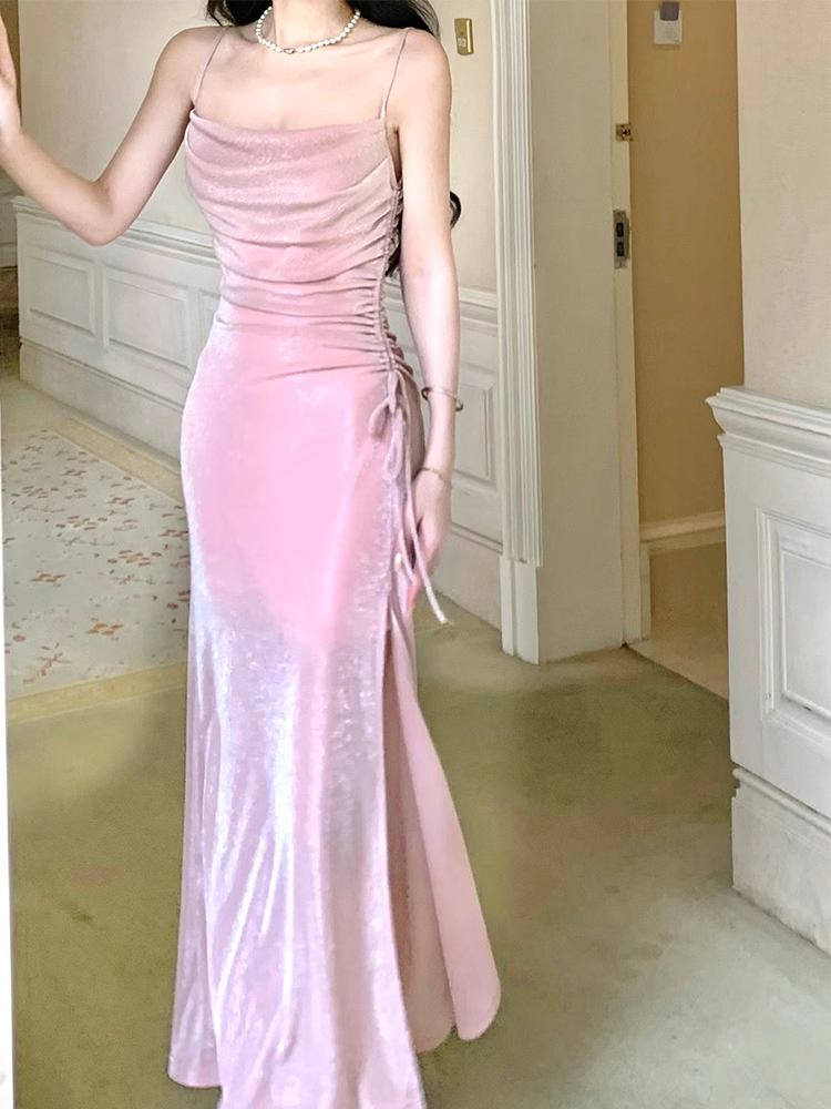 Spaghetti Straps Pink Sparkling Long Prom Dress Formal Party Gown J4800