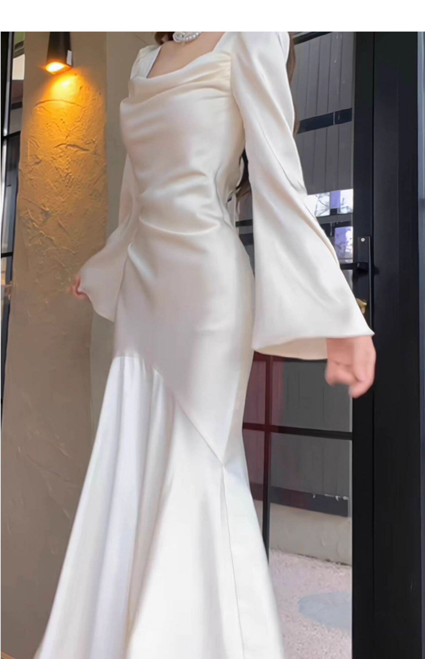 Mermaid Ivory Long Prom Dress Long Sleeves Wedding Gown J4802