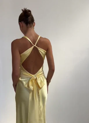 Robe de soirée sirène longue jaune à col en V J4804
