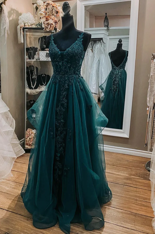 V Neck Dark Green Lace Long Prom Dresses A Line Tulle Evening Dresses J4807