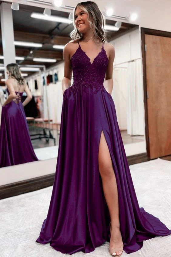 A Line Satin Long Prom Dresses Appliques Split Formal Dress J4810