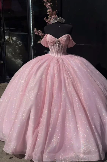 Robe de bal rose à épaules dénudées pour Quinceanera, Sweet 16, J4812