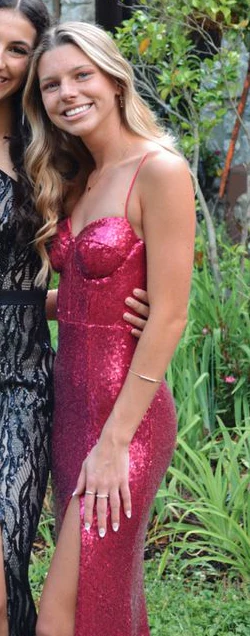 Robe de soirée longue rose à bretelles spaghetti et sequins J4813