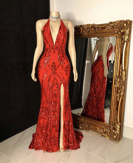 Red Mermaid Long Prom Dress Slit Sequin Evening Dress J4815