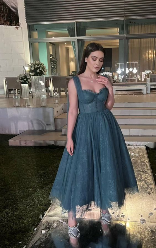 Blue A Line Tulle Prom Dress Lace Party Gown J4816