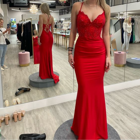 Red V Neck Long Prom Dresses Mermaid Evening Gown J4820