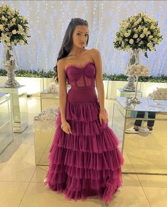 Strapless A Line Prom Dress Layered Evening Gown J4823