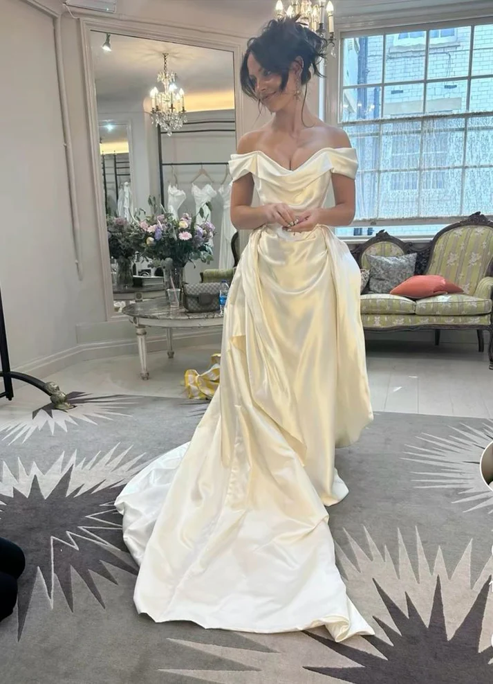 A Line Satin Wedding Dress Off The Shoulder Long Wedding Dress J4830