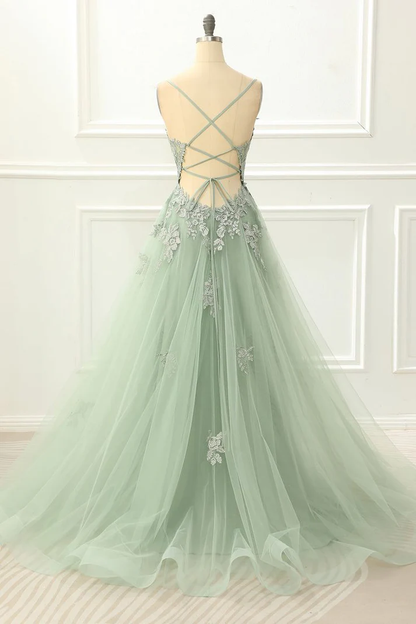 Robe de bal en tulle vert à bretelles spaghetti et appliques, coupe trapèze, J4834
