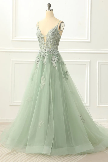 Robe de bal en tulle vert à bretelles spaghetti et appliques, coupe trapèze, J4834