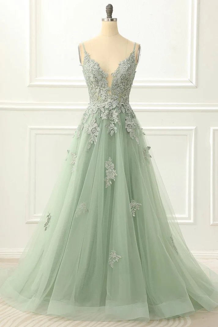 Spaghetti Straps Green Tulle Prom Dress Appliques A Line Party Dresses J4834