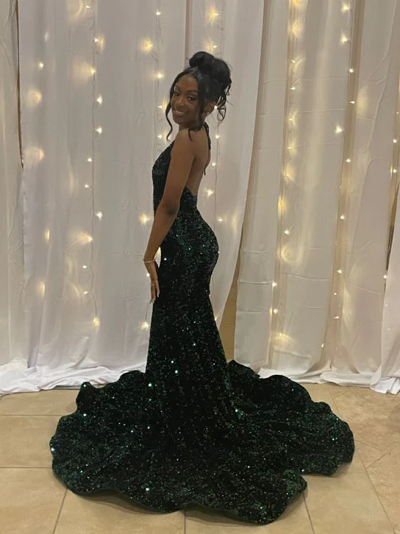 Emerald Green Sequin Mermaid Prom Dress Long Evening Party Dress J4836