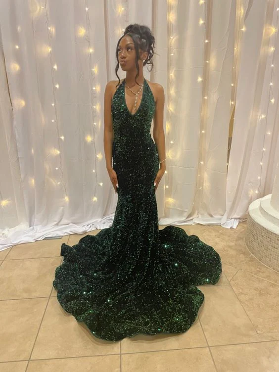 Emerald Green Sequin Mermaid Prom Dress Long Evening Party Dress J4836