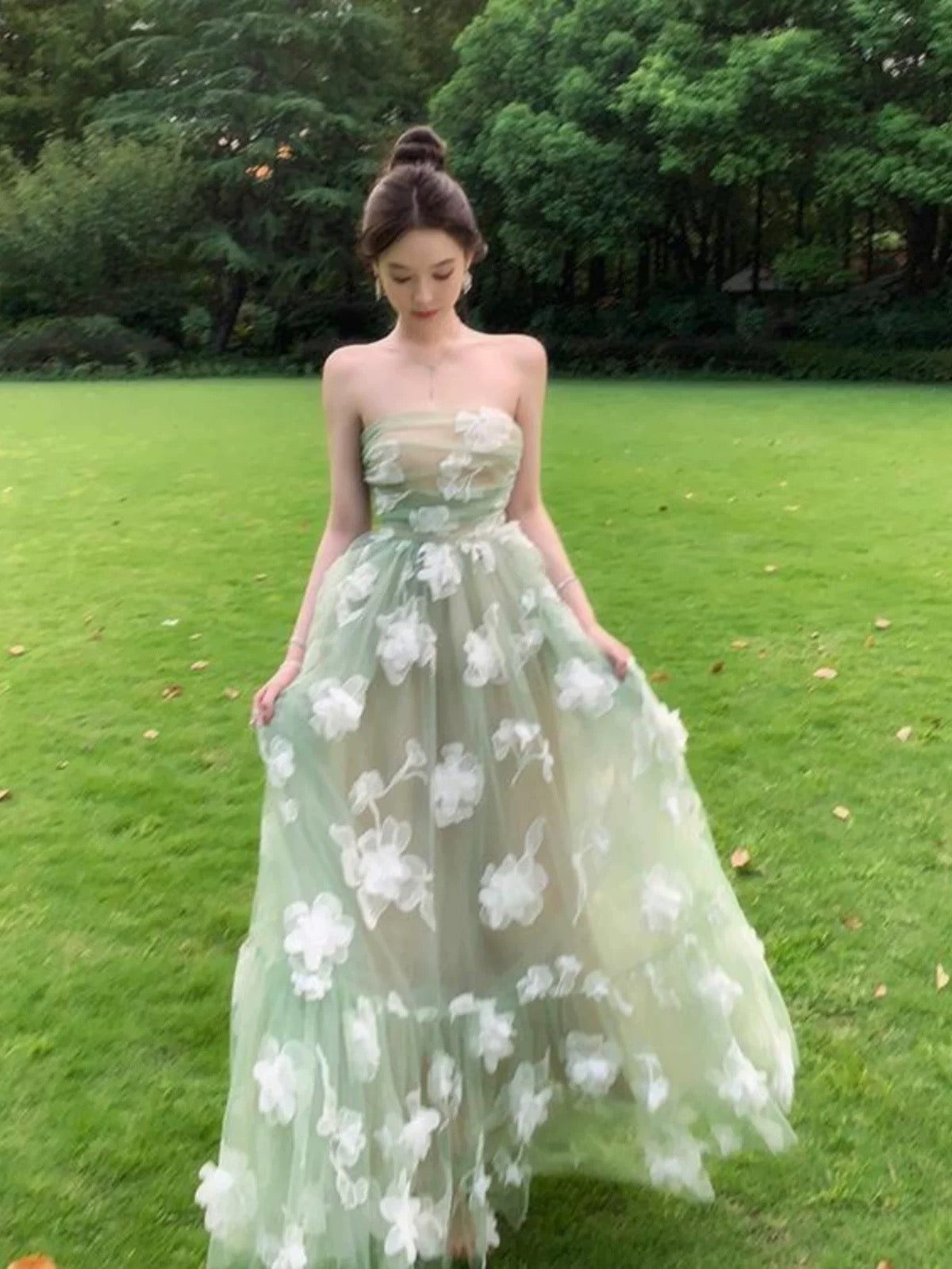 Strapless Green A Line Prom Dress 3d Flower Formal Party Dress J4837