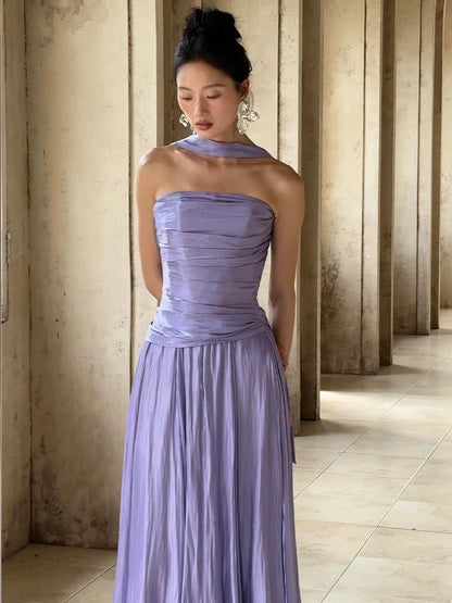 Robe de bal trapèze violette bustier en satin, tenue de soirée formelle J4838