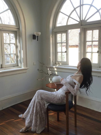 Robe de bal longue en dentelle style sirène à épaules dénudées, robe de soirée formelle J4841