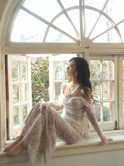 Robe de bal longue en dentelle style sirène à épaules dénudées, robe de soirée formelle J4841