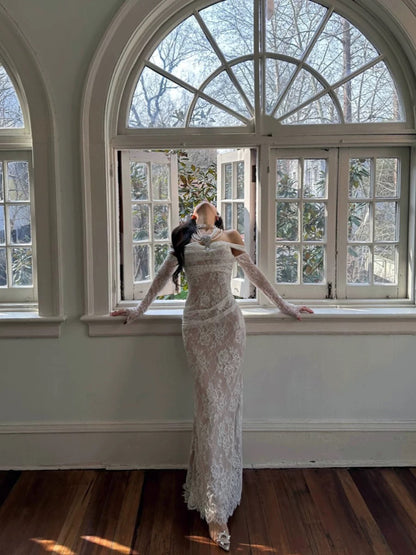 Robe de bal longue en dentelle style sirène à épaules dénudées, robe de soirée formelle J4841