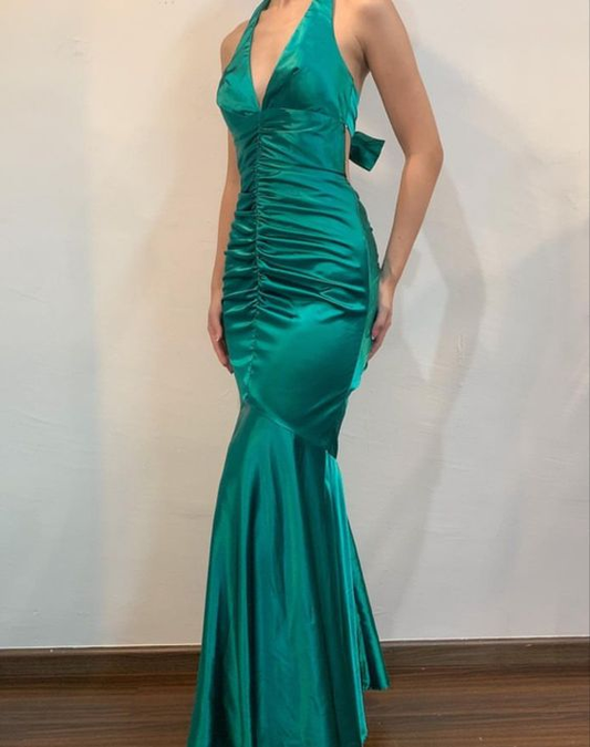 V Neck Green Mermaid Long Prom Dresses Evening Dress J4844