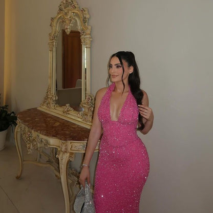 Robe de soirée longue sirène à paillettes rose vif J4849