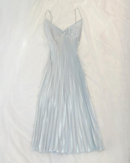 Spaghetti Straps Blue Long Prom Dress A Line Pleated Dress J4853