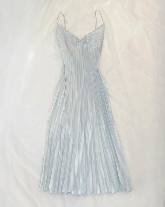 Spaghetti Straps Blue Long Prom Dress A Line Pleated Dress J4853