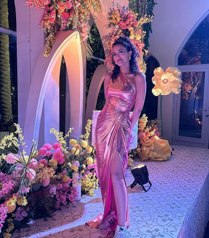 Robe de soirée fourreau longue rose asymétrique J4856