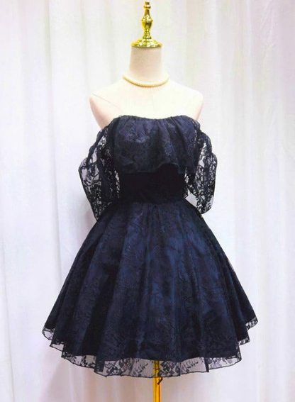 Off The Shoulder Lace Short Party Dress Navy Blue Homecoming Dress J4863