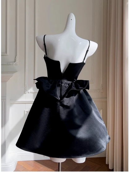 Cute A Line Spaghetti Straps Black Satin Homecoming Dresses Birthday Dress With Beads J4865