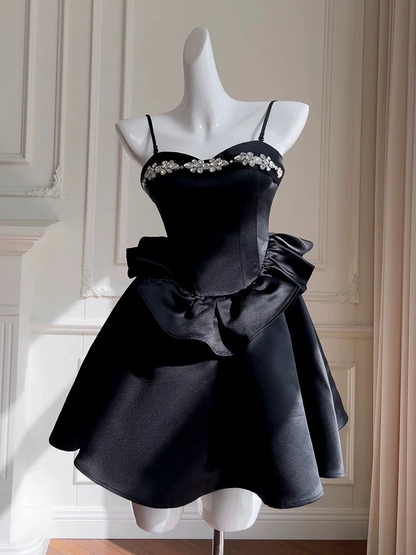 Cute A Line Spaghetti Straps Black Satin Homecoming Dresses Birthday Dress With Beads J4865