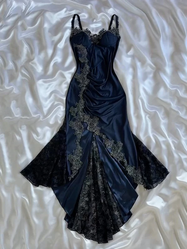 Mermaid Navy Blue Long Prom Dress Lace Party Dresses J4866