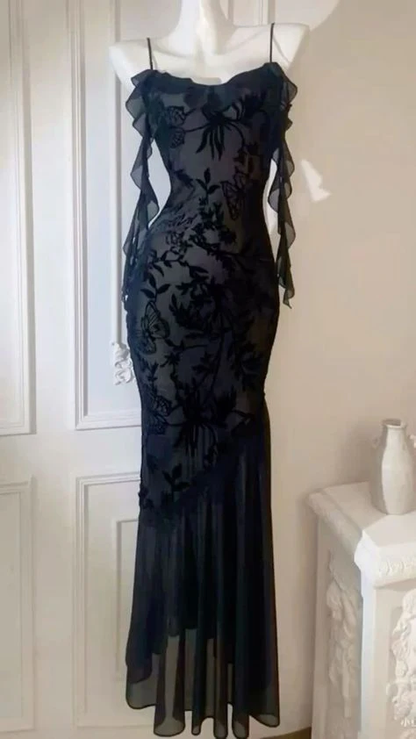 Robe de soirée sirène longue en dentelle à bretelles spaghetti J4868