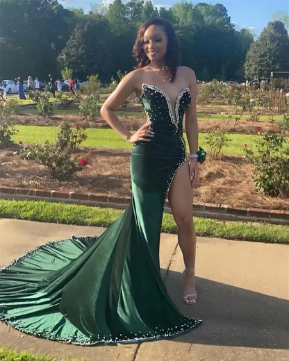 Robe de bal sirène longue verte à perles pour fille noire J4869
