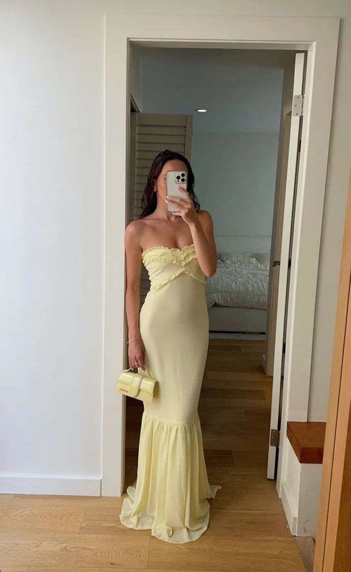 Strapless Sheath Yellow Long Prom Dress Ruffle Wedding Guest Dress J4874