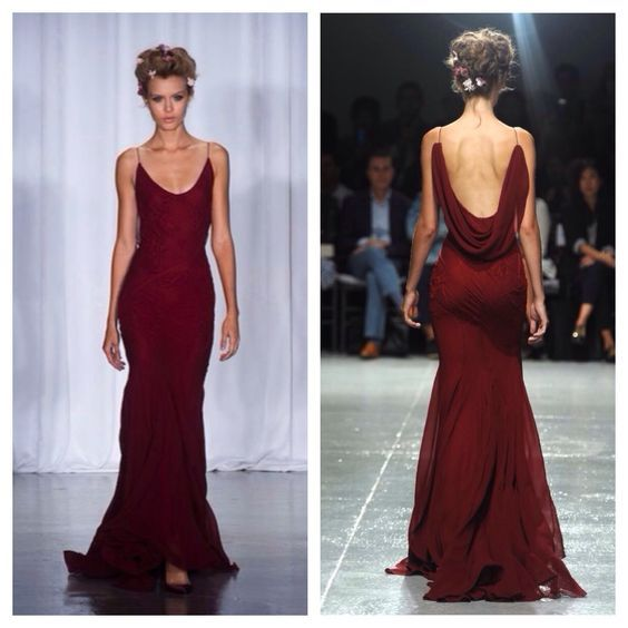 Burgundy Mermaid Long Prom Dresses Spaghetti Straps Evening Dress J4893