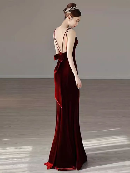Meerjungfrau Samt Rotes Partykleid Langes rückenfreies Ballkleid J4894