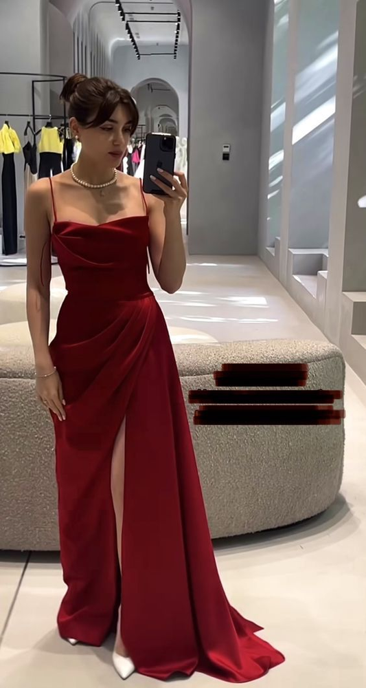 Spaghetti Straps A Linre Burgundy Slit Prom Dresses Formal Occasion Dress J4896