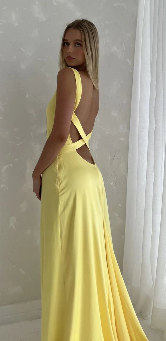 Yellow Backless Long Prom Dress Sexy Formal Party Dress J4898