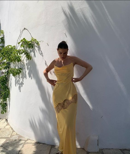 Robe de soirée sirène jaune à bretelles spaghetti et dos nu J4901