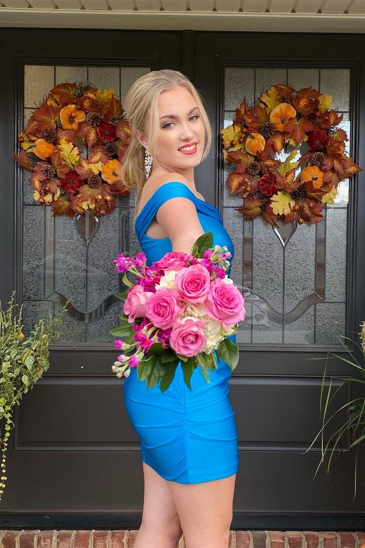 Off The Shoulder Blue Bodycon Satin Homecoming Dress J4902