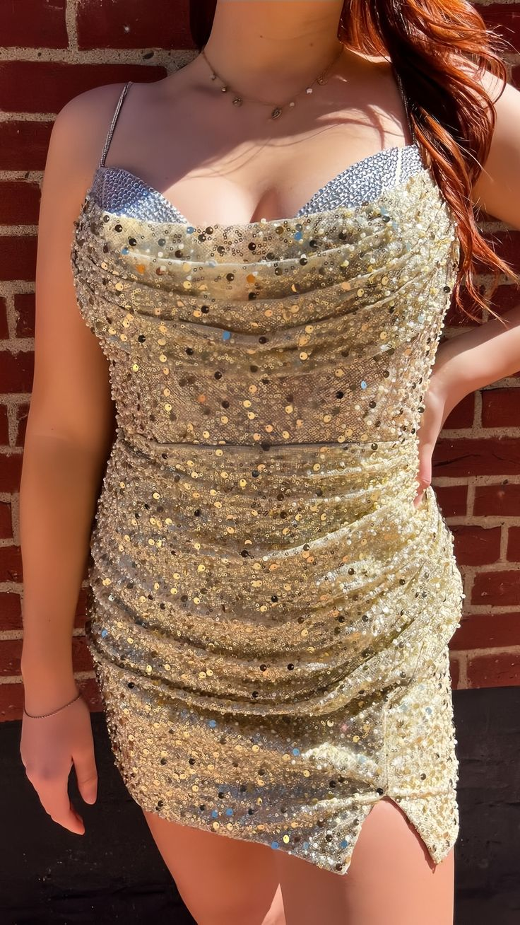 Gold Sequin Sheath Homecoming Dresses Beaded Short Dress J4906