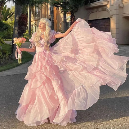 Robe de bal princesse à volants et manches courtes en cœur pour remise de diplôme J4915