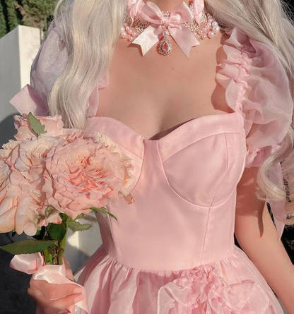Robe de bal princesse à volants et manches courtes en cœur pour remise de diplôme J4915