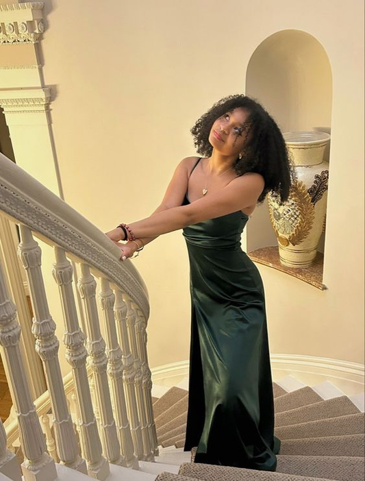 Spaghetti Straps Emerald Green Satin Long Prom Dress J4918