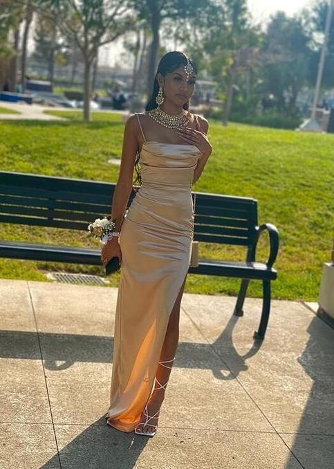 Sexy Champagne Split Long Stain Prom Dresses  J4920