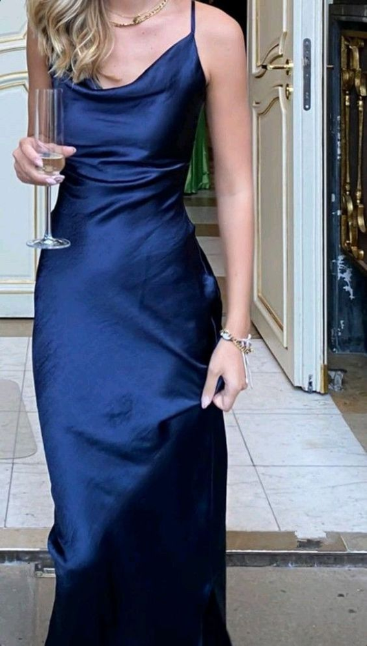 Spaghetti Straps Sheath Party Dress Navy Blue Satin Prom Dress J4930