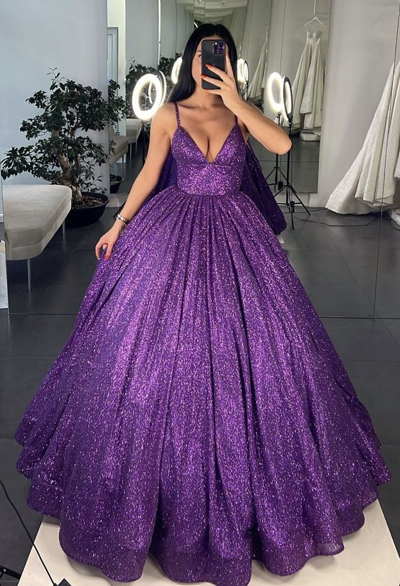 Spaghetti Straps Purple A Line Long Prom Dress Sparkling Birthday Party Dress J4933